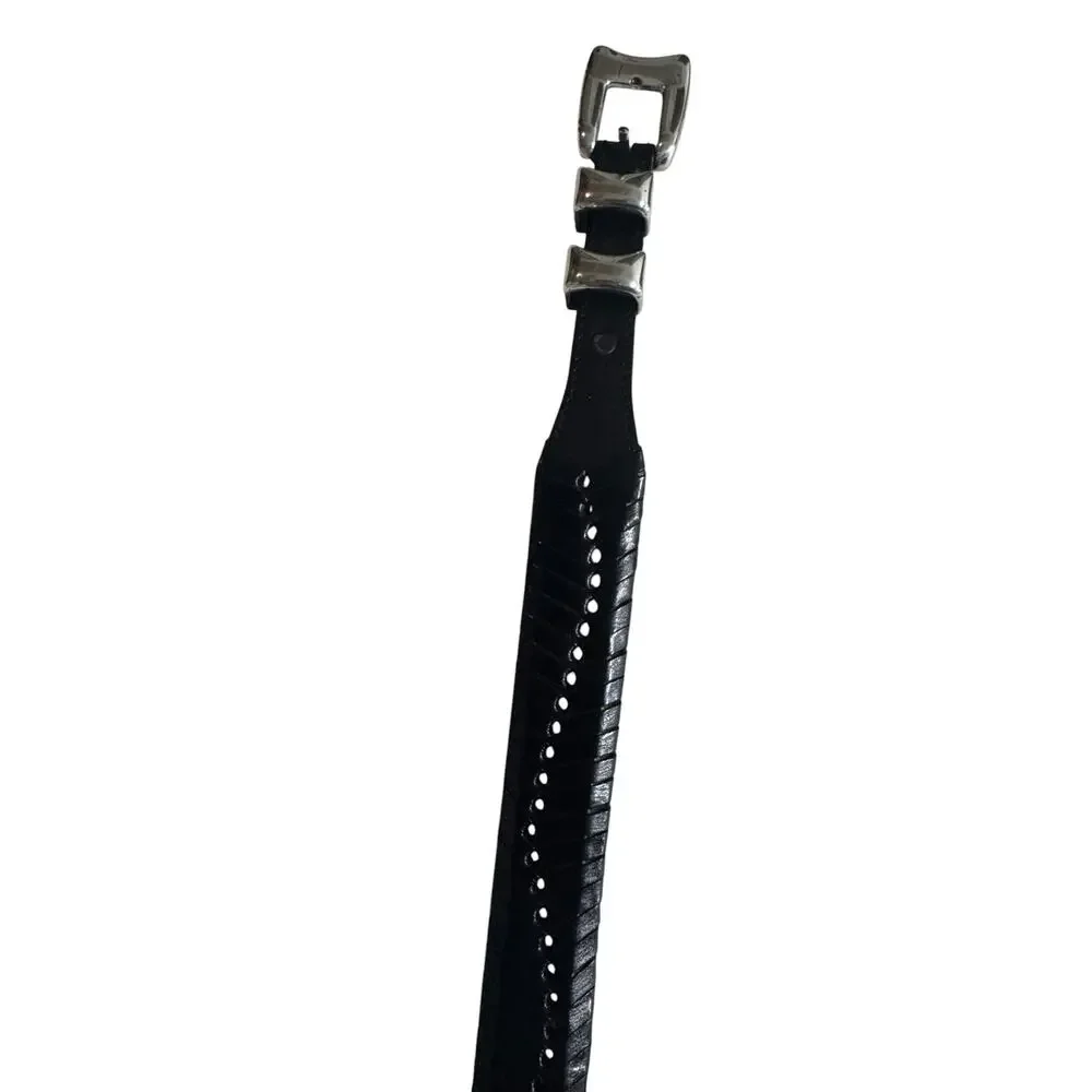 Vintage Western Leather Belt Unisex 36 Black Braided Woven Silver Buckle Biker
